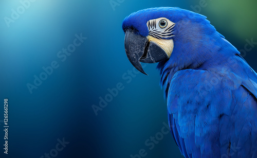 A majestic blue macaw with striking feathers and a sharp beak against a soft blurred blue background.
