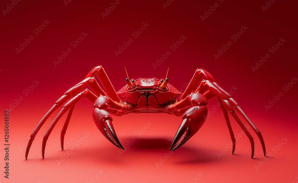 Fototapeta premium A bold red crab with large sharp claws standing in a dramatic red environment, creating a striking composition.