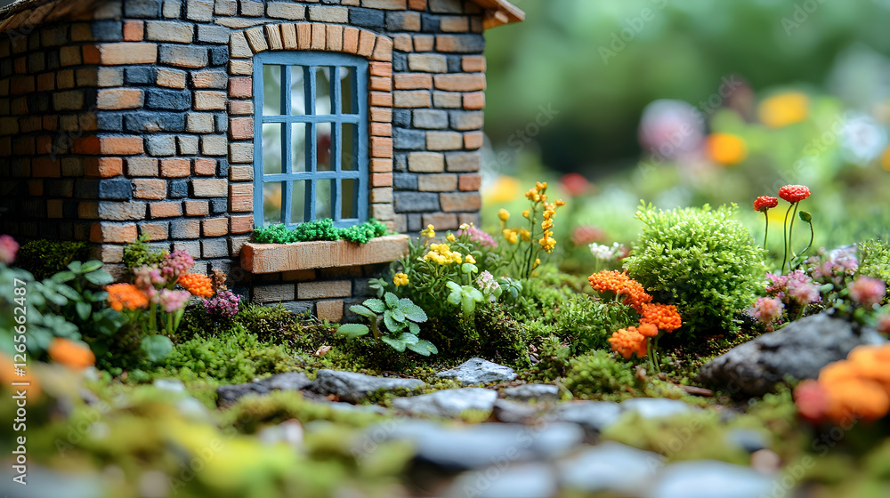Miniature brick house garden, flowers, blur background, home decor Miniature brick house garden, flowers, blur background, home decor