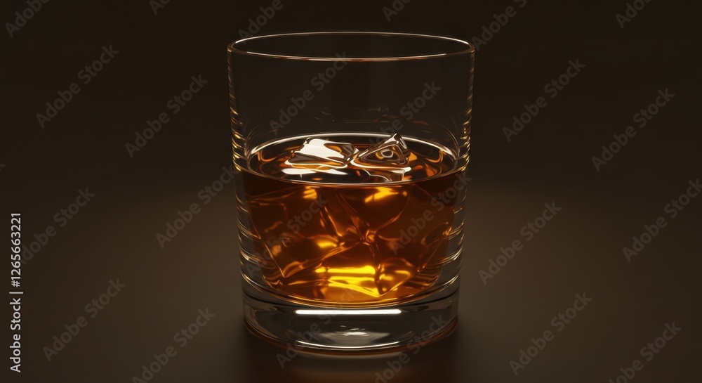 Elegant Whiskey Glass with Ice Cubes on a Dark Brown Background Elegant Whiskey Glass with Ice Cubes on a Dark Brown Background