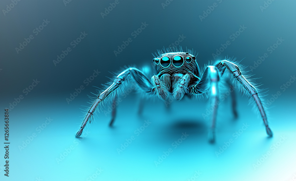 A tiny jumping spider with multiple glowing eyes perched on a soft surface, surrounded by dreamy blue and pink lighting.
A tiny jumping spider with multiple glowing eyes perched on a soft surface, surrounded by dreamy blue and pink lighting.