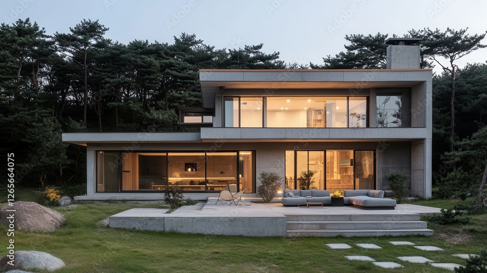 Modern concrete house with large windows at dusk in nature Modern concrete house with large windows at dusk in nature