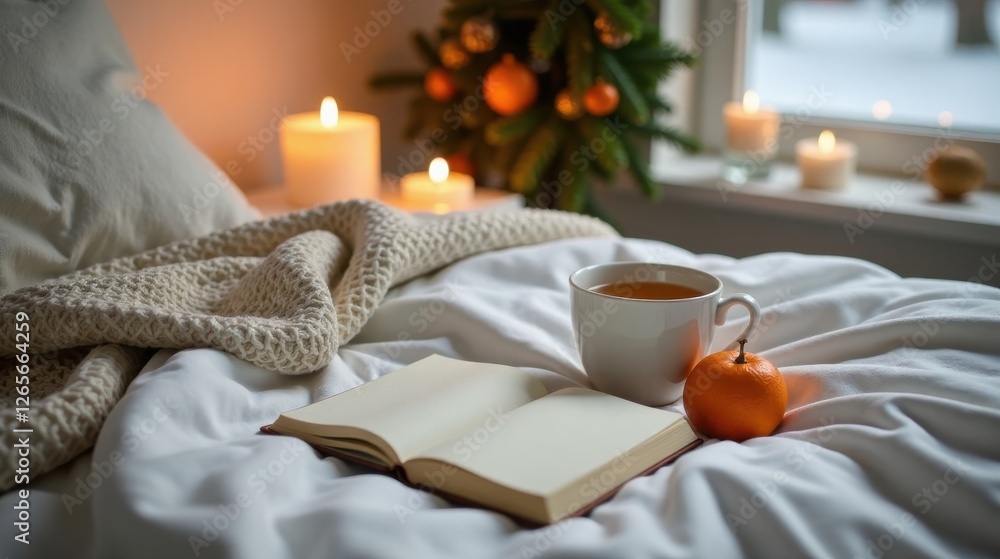 Cozy bedroom scene with a warm beverage, open book, and soft blanket Cozy bedroom scene with a warm beverage, open book, and soft blanket