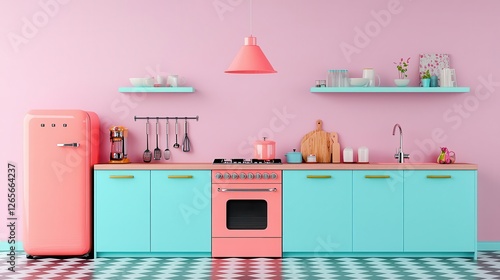 Retro 1950sinspired twostory kitchen with bright pastel cabinetry, checkered floors, and vintage appliances photo