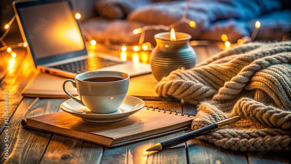 Cozy Home Office Setup: Notebook, Tea, and Warm Lighting - Stock Photo Cozy Home Office Setup: Notebook, Tea, and Warm Lighting - Stock Photo