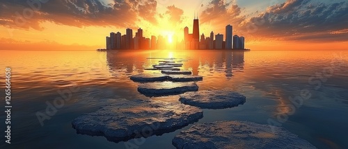 Sunrise over city, pathway to success, inspiring view, possible use for motivation, wallpaper, background,  poster, business card.