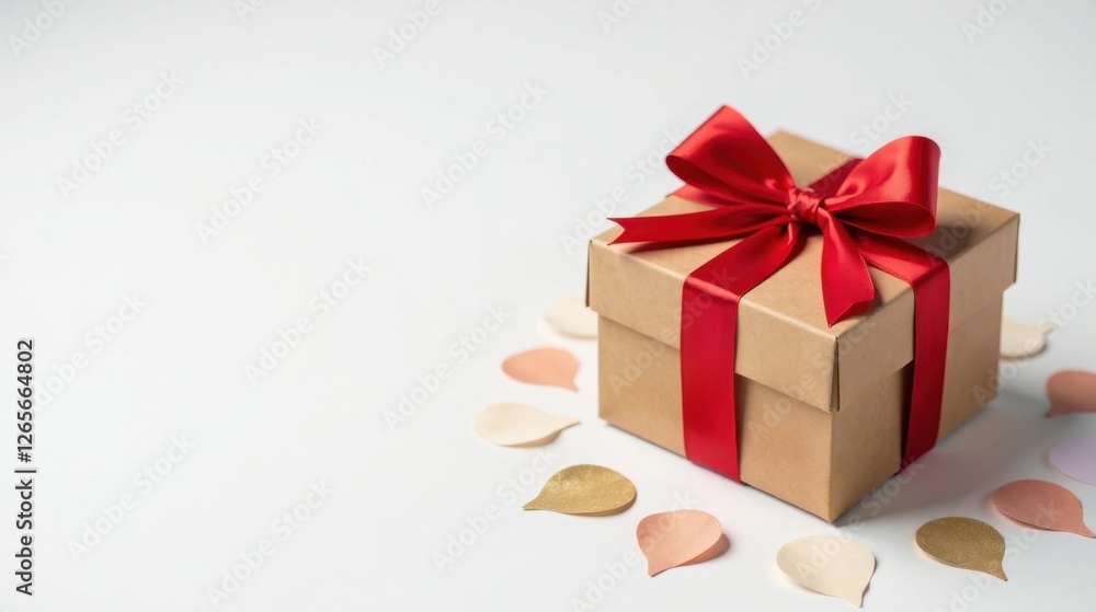 Obraz premium A thoughtfully presented gift box adorned with a vibrant red ribbon, surrounded by delicate confetti, conveys a sense of celebration and joy.