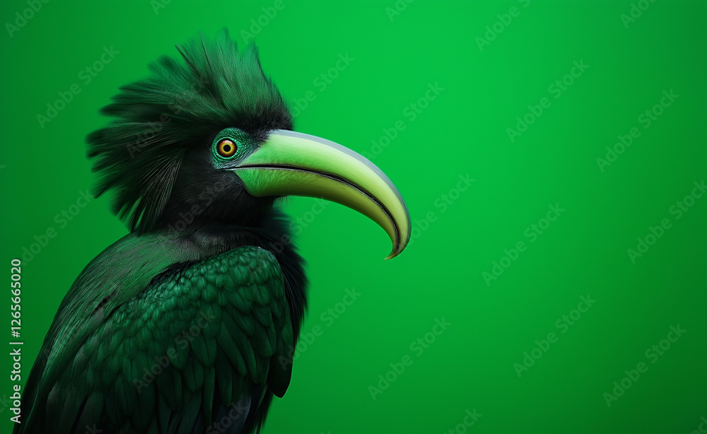Obraz premium A striking green parrot with a large black beak and vibrant feathers against a monochromatic green background.