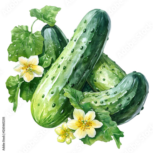 Wallpaper Mural Watercolor Painting of Fresh Cucumbers with Flowers Torontodigital.ca