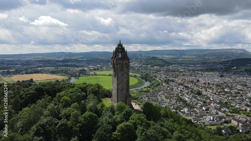 Aerial views of the National Wallace Monument Stirling, Scotland.