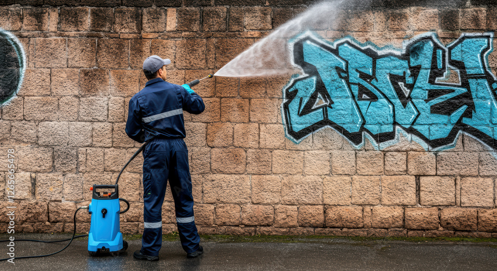 Fototapeta premium Pressure washing graffiti from a stone wall in an urban area during daylight