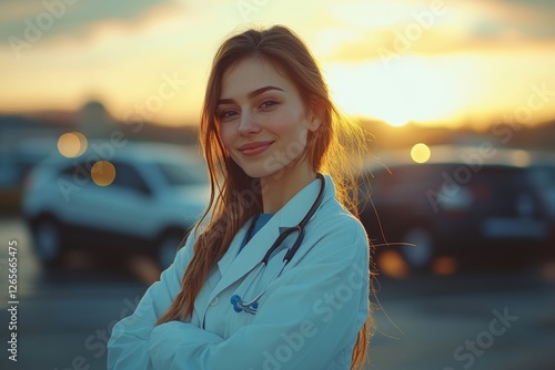 Positive young woman doctor standing at hospital parking lot in front of her car, going home from work, Generative AI