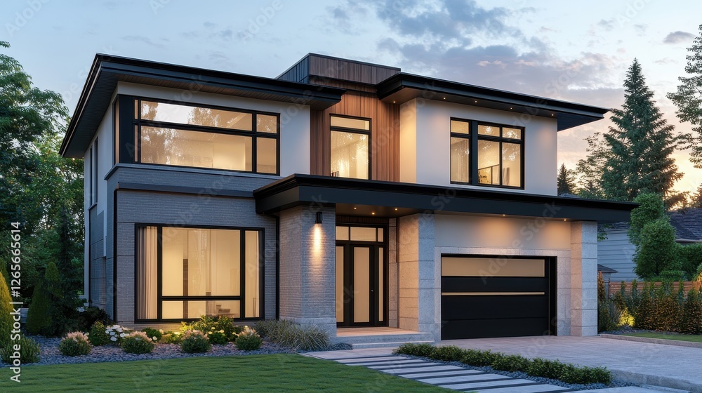Modern two story home with black framed windows and garage Modern two story home with black framed windows and garage