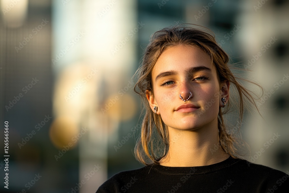 Obraz premium portrait of young woman with nose ring and ear piercings standing confidently against blurred urban background