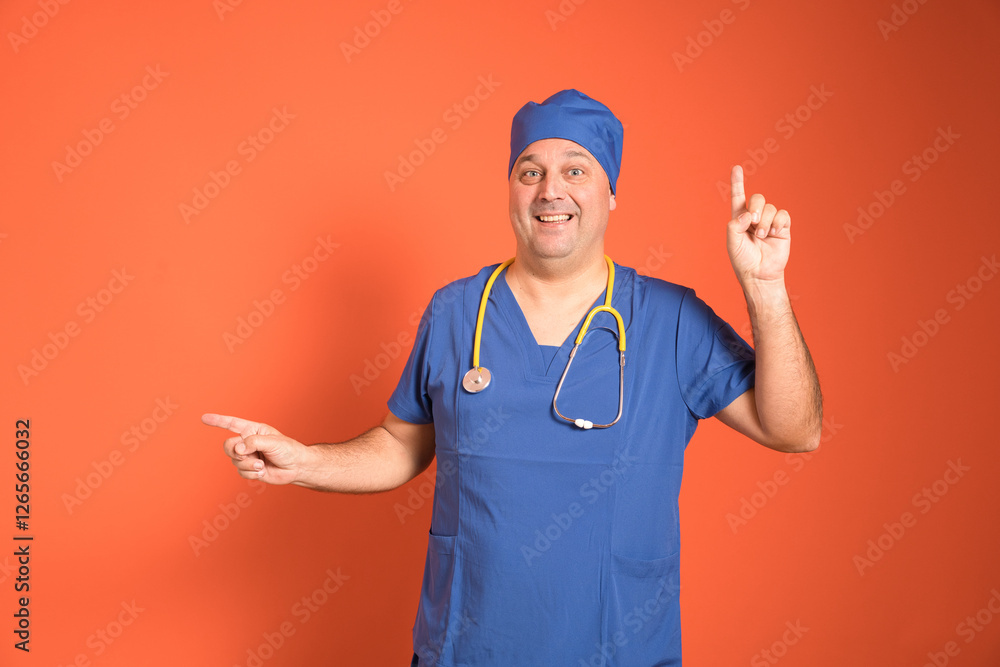 Smiling male doctor wearing blue medical uniform and yellow stethoscope pointing his finger up and sideways while standing on orange background Smiling male doctor wearing blue medical uniform and yellow stethoscope pointing his finger up and sideways while standing on orange background