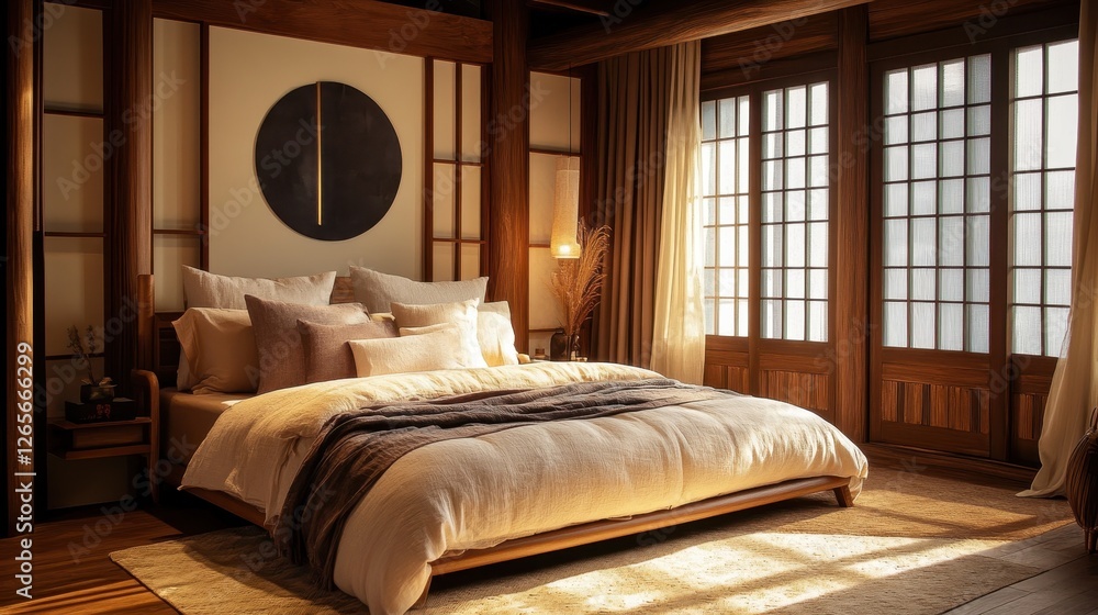Obraz premium Beautiful bedroom with asian style wood features and soft lighting