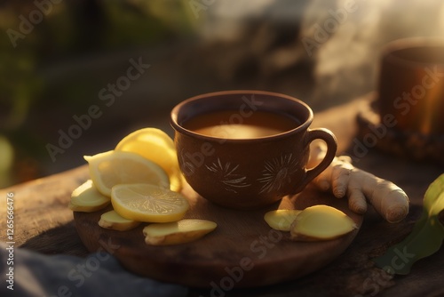 Warm herbal tea with ginger and lemon served in rustic cup, garnished with fresh lemon and ginger slices, ideal for sugar-free diet drinks. Concept focuses on herbal tea with ginger and lemon photo