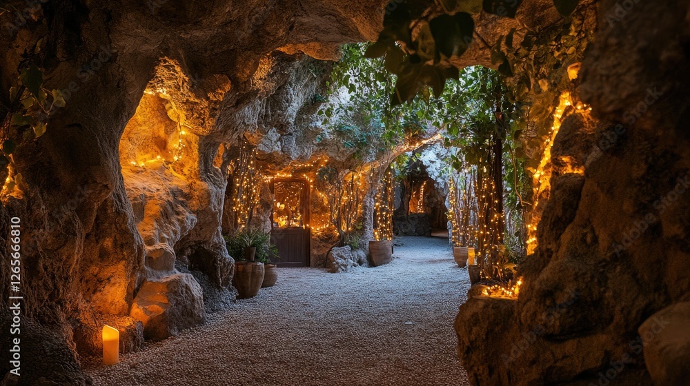 A mystical cave passage adorned with trees and soft golden lights, inviting visitors into a tranquil, nature-filled escape. A mystical cave passage adorned with trees and soft golden lights, inviting visitors into a tranquil, nature-filled escape.