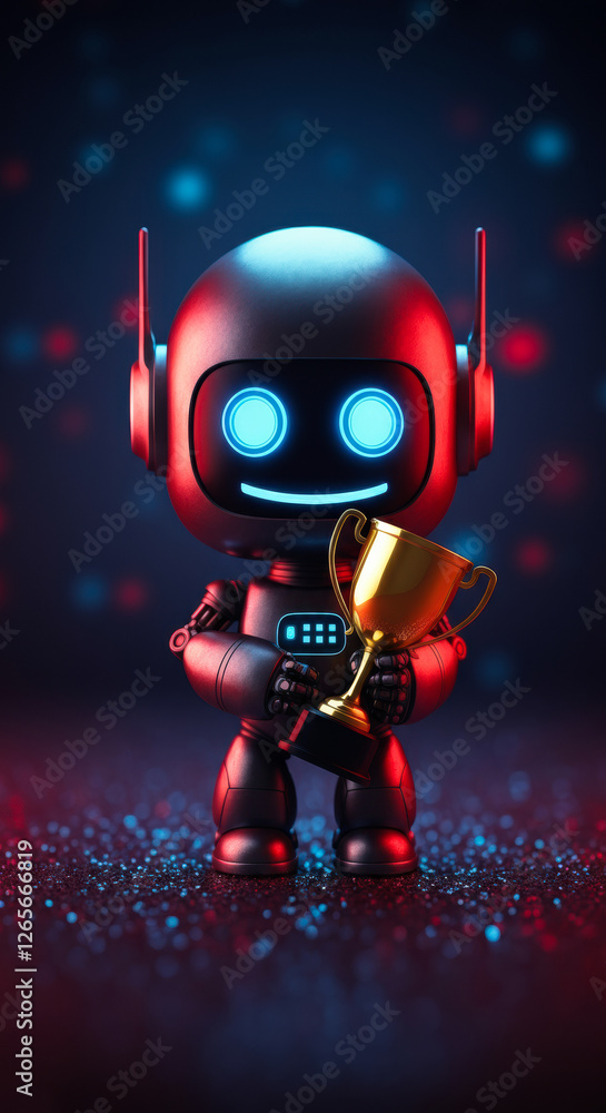 Cute robotic character holding a golden trophy in a colorful glowing environment at night Cute robotic character holding a golden trophy in a colorful glowing environment at night