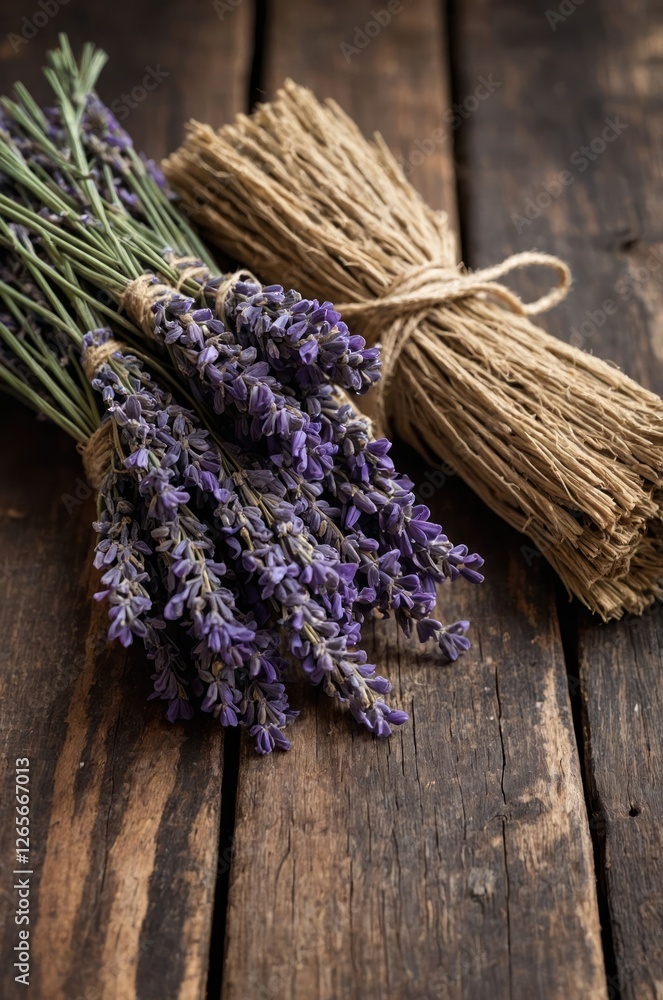 A bundle of dried lavender and twine on a rustic wooden surface. A bundle of dried lavender and twine on a rustic wooden surface.