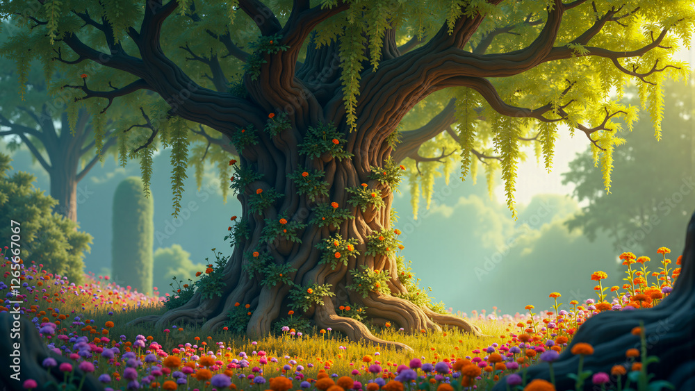 Obraz premium Enchanted Ancient Tree with Twisting Roots and Vibrant Wildflowers in a Magical Forest