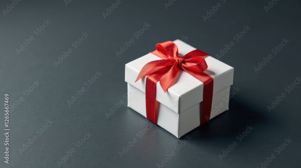 A pristine white gift box adorned with a vibrant red ribbon, a symbol of thoughtful presentation and festive cheer, rests on a dark surface A pristine white gift box adorned with a vibrant red ribbon, a symbol of thoughtful presentation and festive cheer, rests on a dark surface