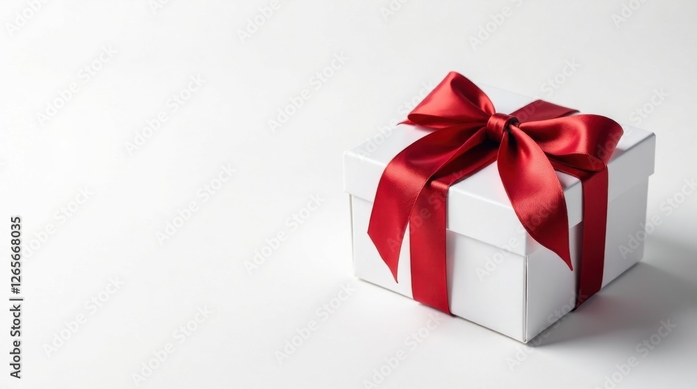 A pristine white gift box adorned with a vibrant crimson ribbon, a symbol of thoughtful presentation and joyous celebration A pristine white gift box adorned with a vibrant crimson ribbon, a symbol of thoughtful presentation and joyous celebration