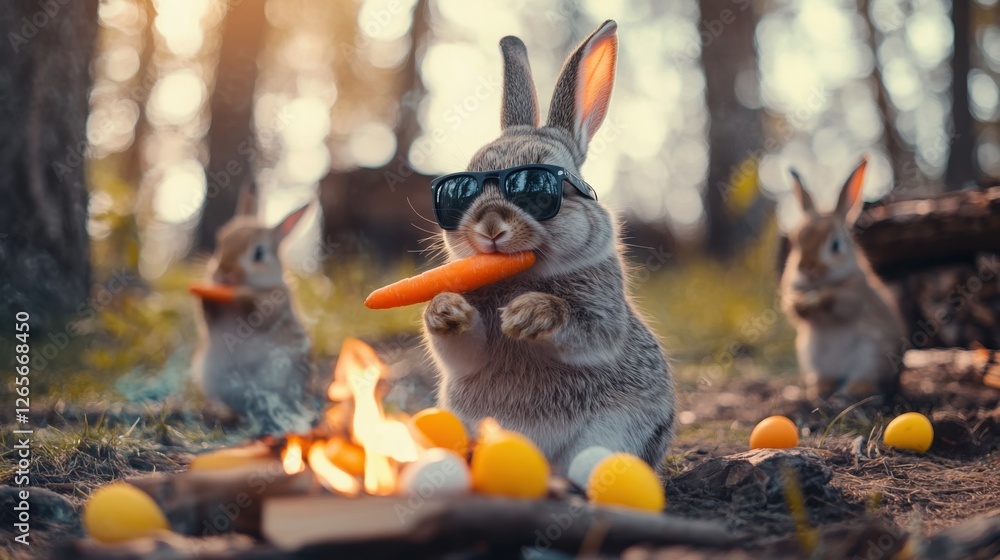 Bunny eating carrot near bonfire with friends. Bunny eating carrot near bonfire with friends.