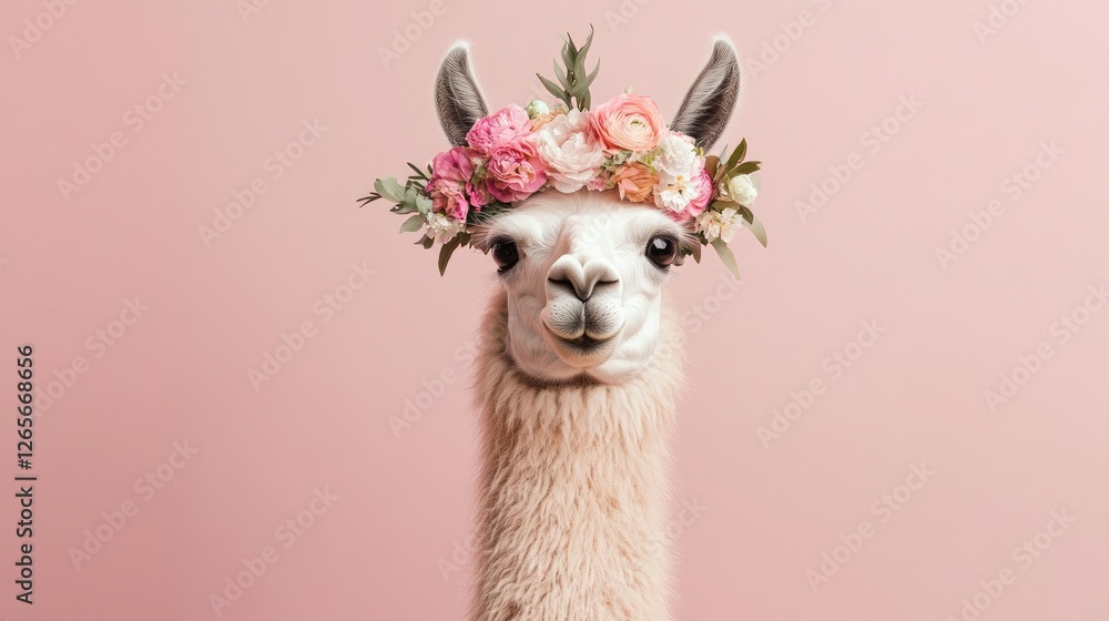 Fototapeta premium A playful llama with a pastel-colored flower crown, exuding charm and elegance on a soft pink background.