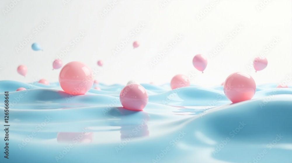 Pastel Pink and Light Blue Spheres Floating on a Calm, Serene Liquid Surface, a Dreamy and Whimsical Scene Pastel Pink and Light Blue Spheres Floating on a Calm, Serene Liquid Surface, a Dreamy and Whimsical Scene