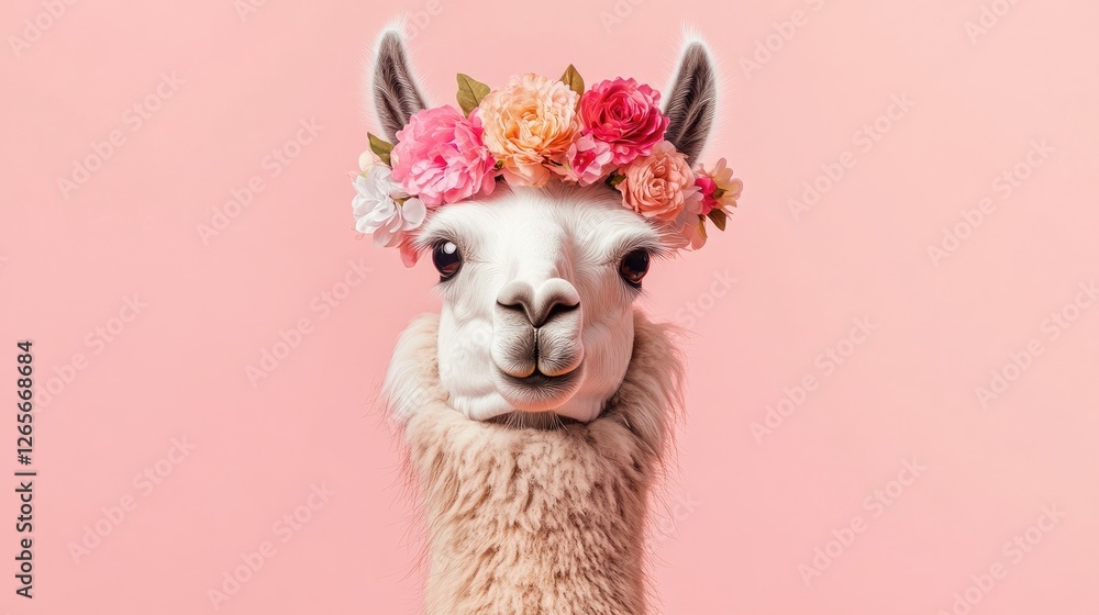 Obraz premium A playful llama with a pastel-colored flower crown, exuding charm and elegance on a soft pink background.