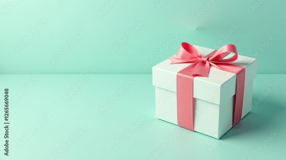 Fototapeta premium A Single Elegant Gift Box with a Delicate Pink Ribbon on a Soft Mint Background