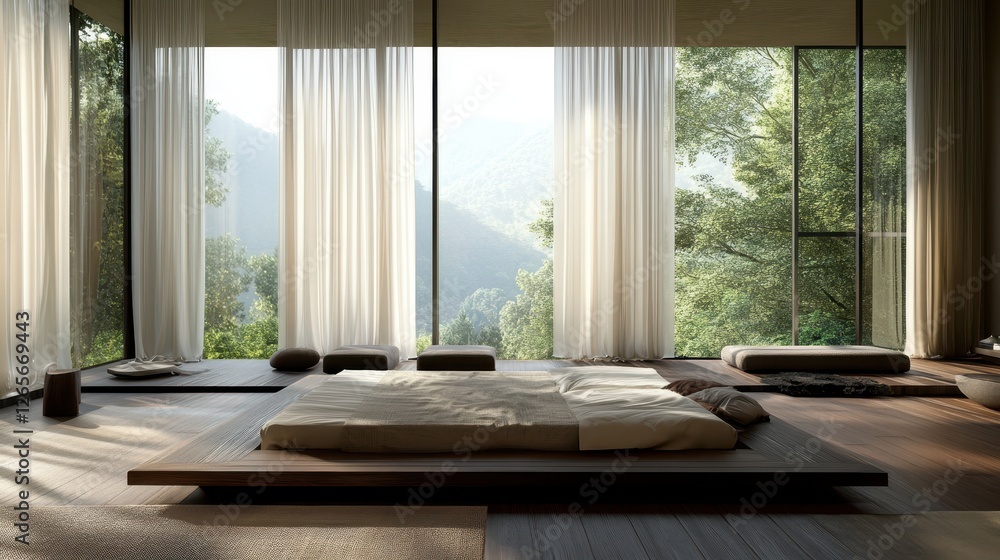 Bright natural light fills a modern bedroom with forest view Bright natural light fills a modern bedroom with forest view