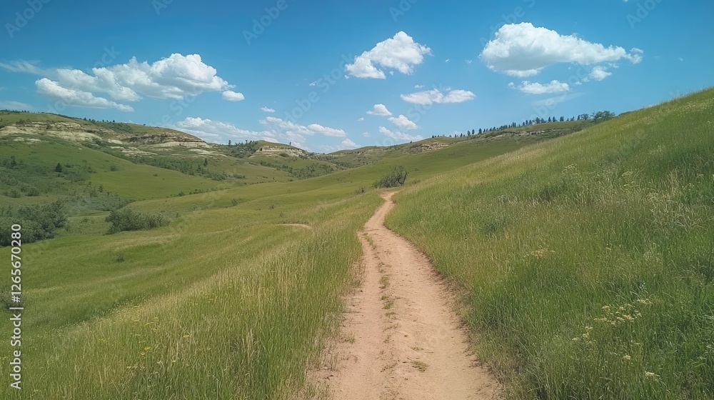 A scenic dirt trail leading through lush, grassy hills, surrounded by breathtaking nature and open skies. A scenic dirt trail leading through lush, grassy hills, surrounded by breathtaking nature and open skies.