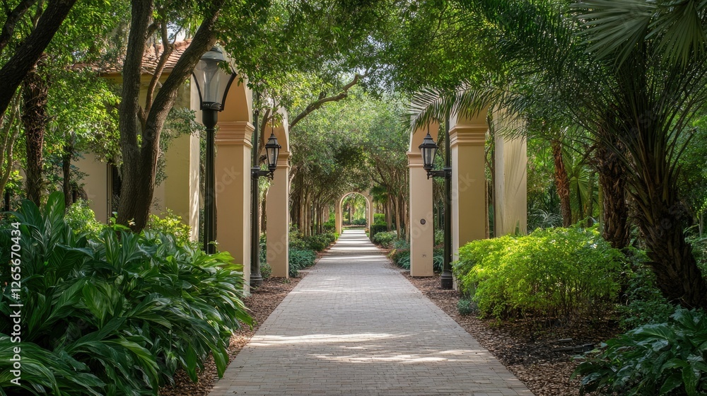 A scenic walkway surrounded by lush trees, framed by elegant arches, creating a tranquil and inviting atmosphere. A scenic walkway surrounded by lush trees, framed by elegant arches, creating a tranquil and inviting atmosphere.