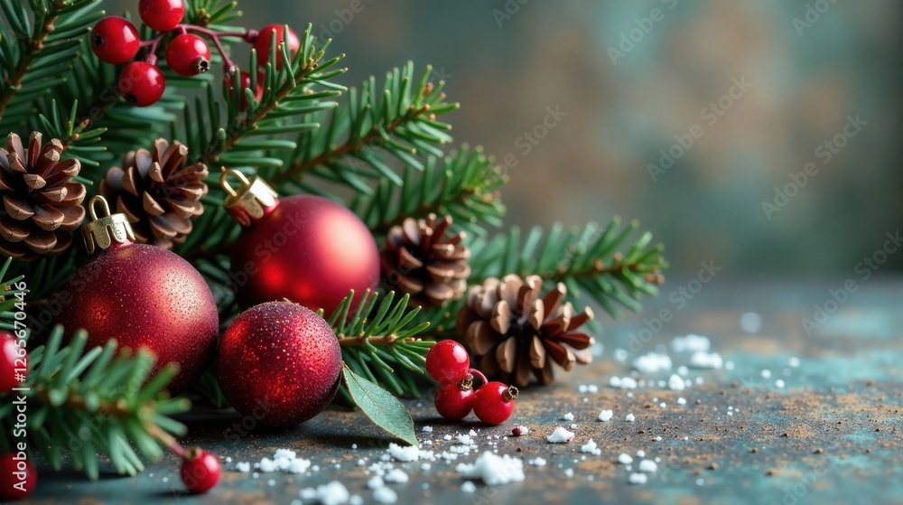 Festive Arrangement of Evergreen Boughs, Cones, and Ornamental Spheres on Rustic Surface Festive Arrangement of Evergreen Boughs, Cones, and Ornamental Spheres on Rustic Surface