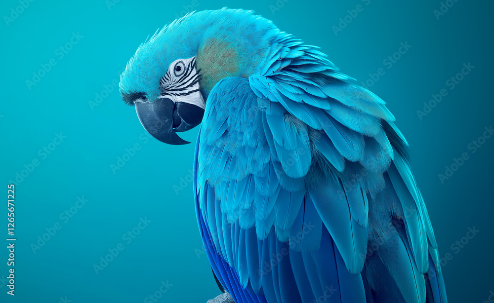 Obraz premium A vibrant blue macaw with rich, detailed feathers and a curved beak against a deep blue gradient background.