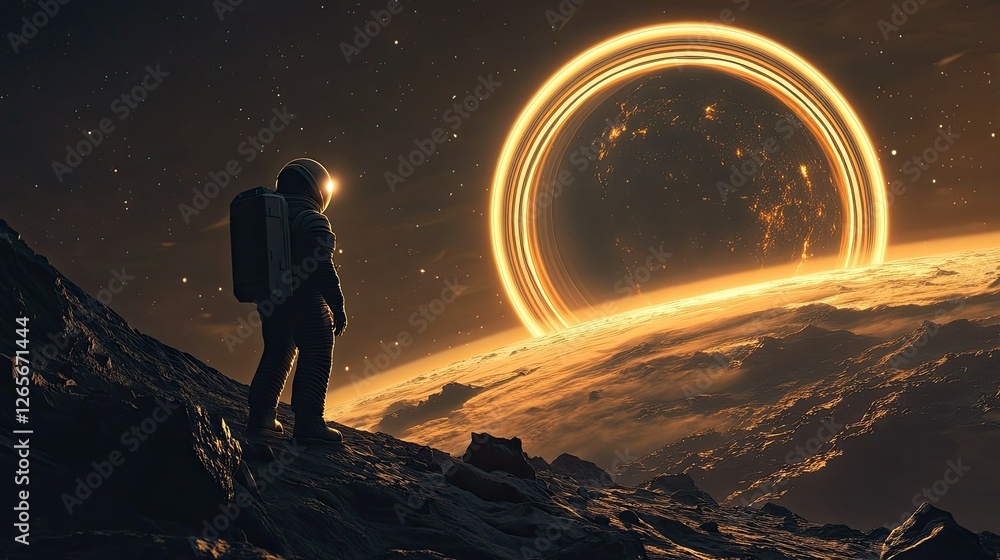 Obraz premium A silhouetted astronaut on a rocky surface, admiring a massive planet ringed with light in deep space.