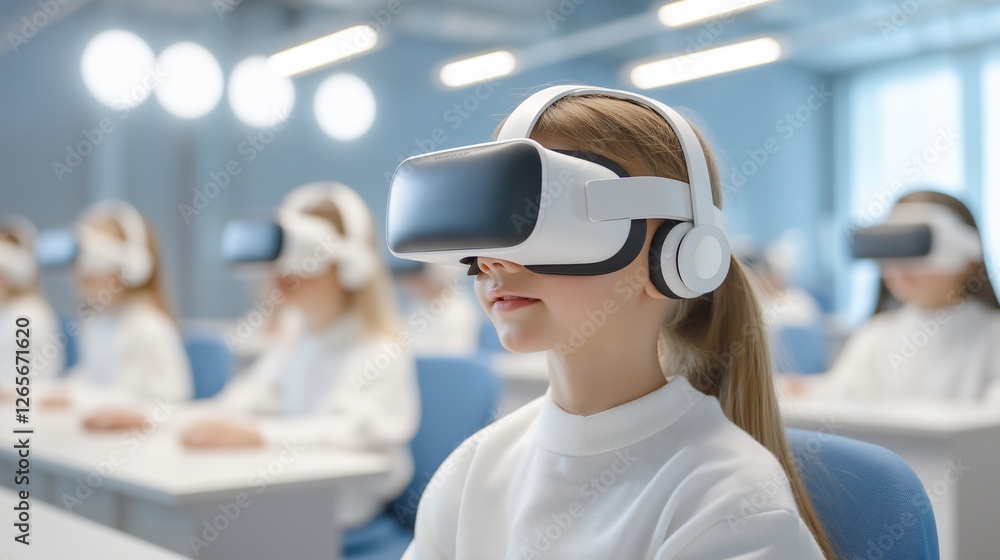 Students engage in virtual reality learning in a modern classroom setting Students engage in virtual reality learning in a modern classroom setting