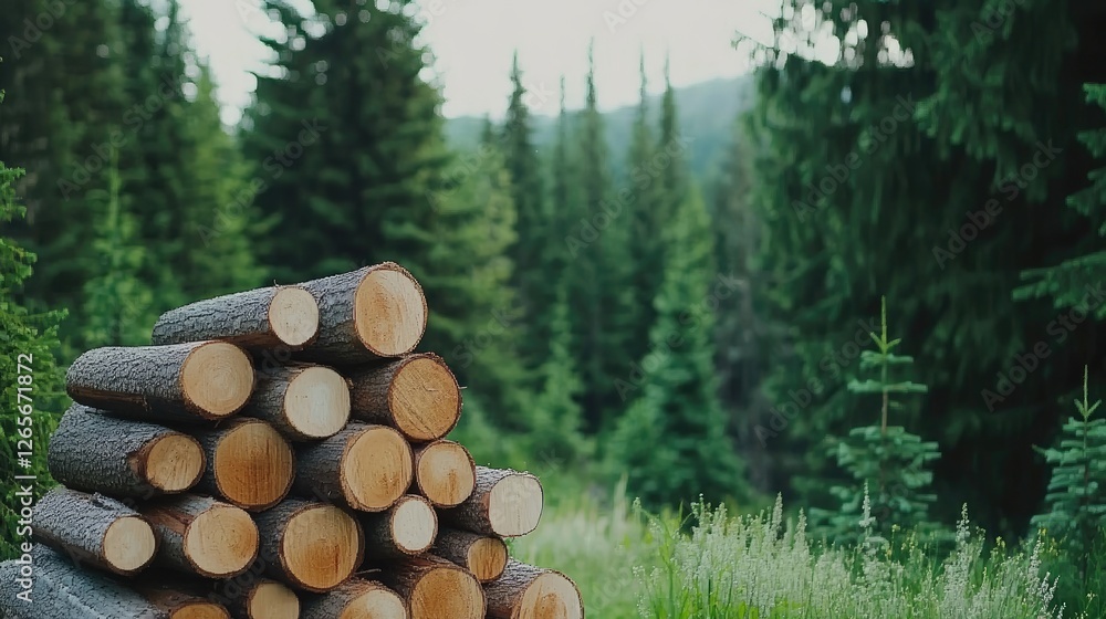 Cut logs are stacked in a quiet forest setting, surrounded by lush greenery and towering trees under a clear sky Cut logs are stacked in a quiet forest setting, surrounded by lush greenery and towering trees under a clear sky