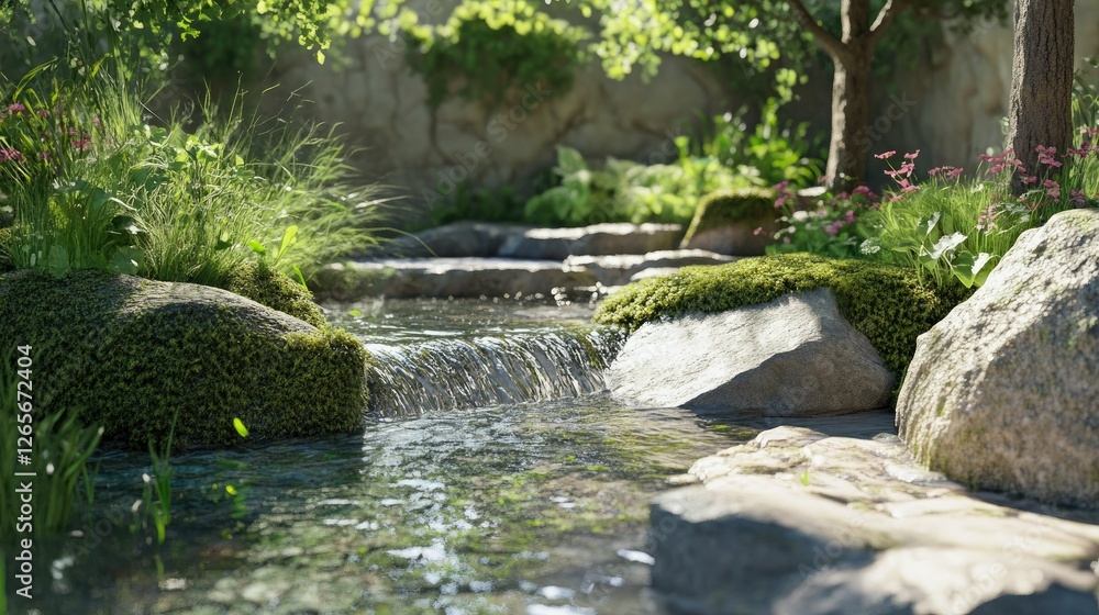 A soothing water stream with gentle currents, flowing between moss-covered stones, evoking peace and relaxation. A soothing water stream with gentle currents, flowing between moss-covered stones, evoking peace and relaxation.
