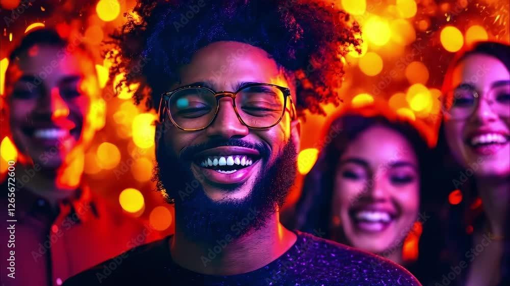 A group of friends enjoying a celebration, with a brightly colored, festive background. They are smiling and having a good time. A group of friends enjoying a celebration, with a brightly colored, festive background. They are smiling and having a good time.