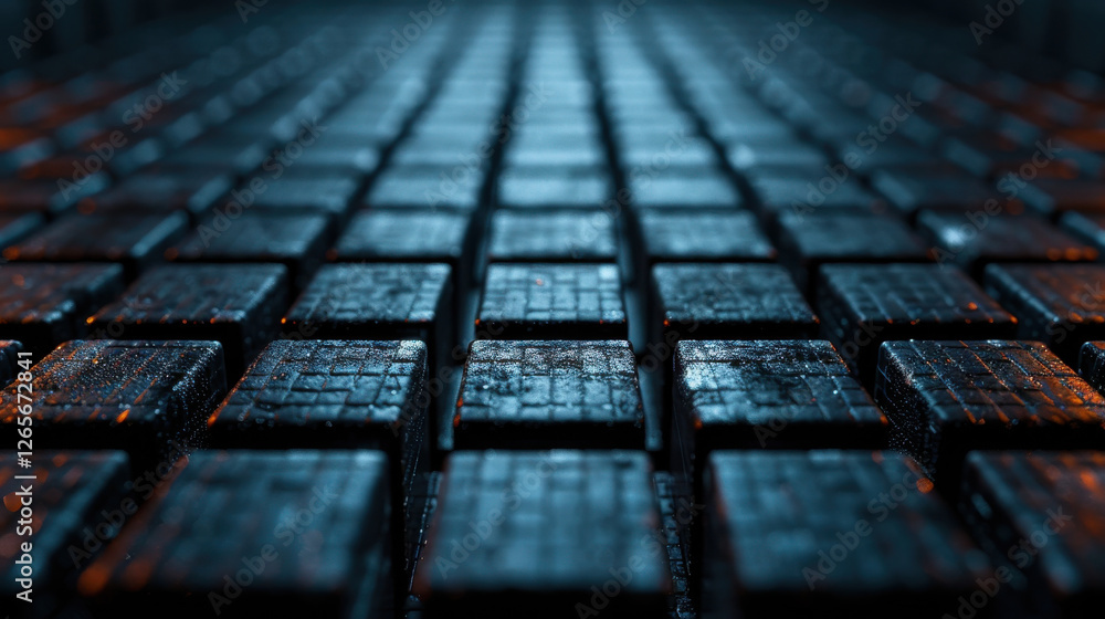 Dark textured surface with illuminated squares creating pattern. image evokes sense of depth and intrigue, showcasing modern design aesthetic Dark textured surface with illuminated squares creating pattern. image evokes sense of depth and intrigue, showcasing modern design aesthetic