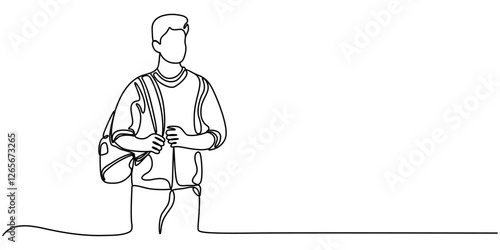 college campus student man with bag backpack continuous one line drawing, Transient Chalkboard, Student, outline pro vector illustration on white background.