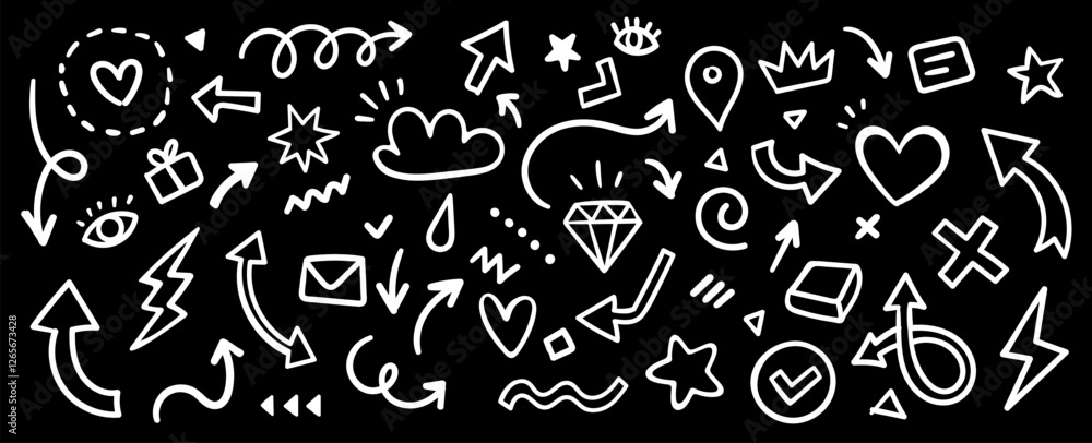 Vector cartoon abstract illustration of set of simple different white line shape chalk brush arrow. Flat sketch hand drawn doodle style design of collection of various marker element and icon Vector cartoon abstract illustration of set of simple different white line shape chalk brush arrow. Flat sketch hand drawn doodle style design of collection of various marker element and icon