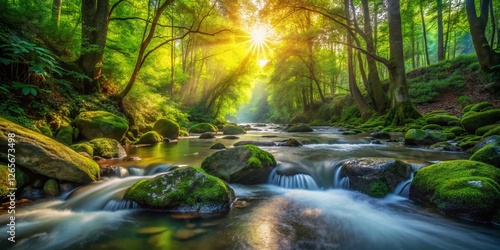 Crystal Clear Stream Flowing Through Lush Green Forest - High Resolution Stock Photo