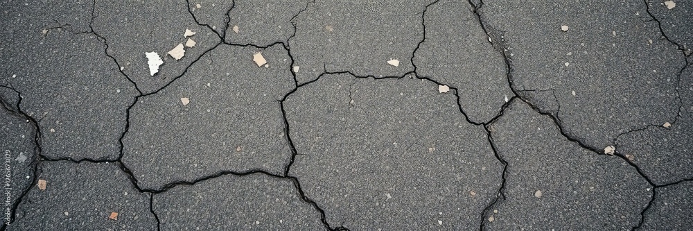 Obraz premium Cracks and fissures in worn asphalt road surface close up, worn, aged, background