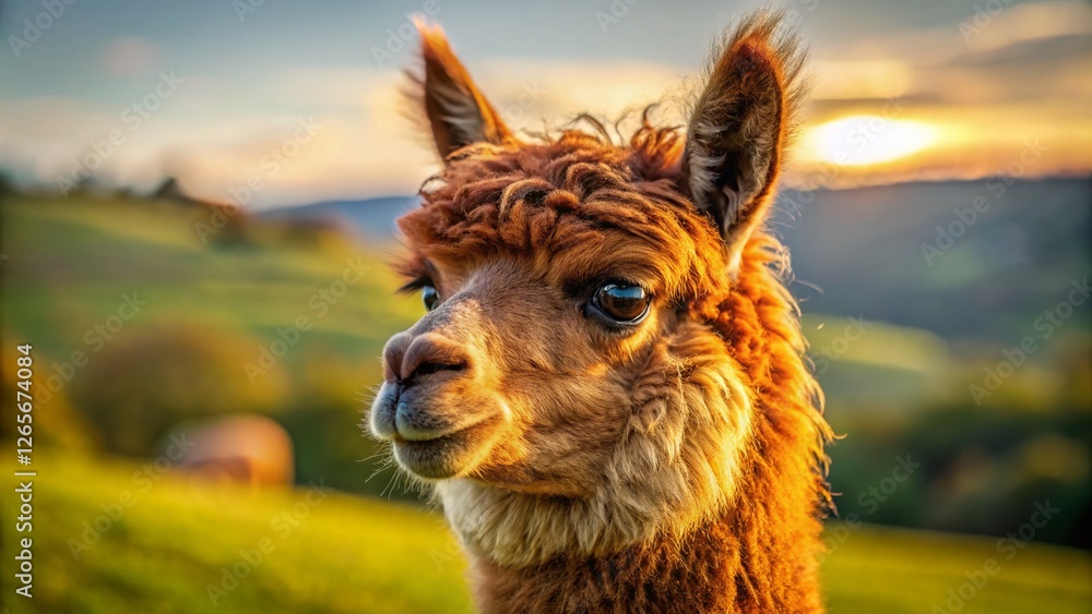 Obraz premium Curious Brown Alpaca Overlooking Scenic Landscape - Farm Animal Stock Photo