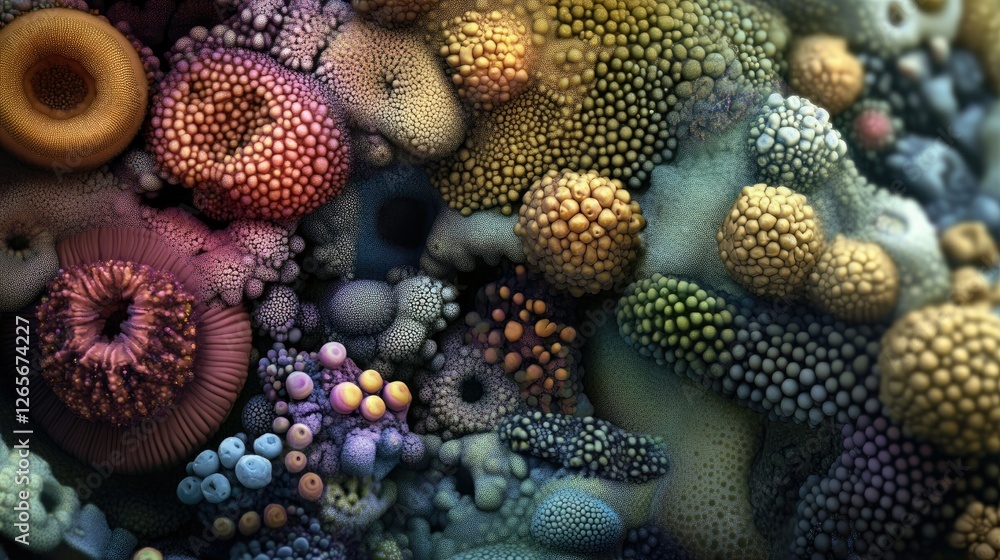 A surreal scientific visualization of microscopic cells, highlighting diversity in structure and color. A surreal scientific visualization of microscopic cells, highlighting diversity in structure and color.