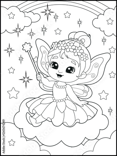 Black and white fairy coloring pages for kids. Children's coloring books with cute cartoon fairy characters, fun and educational materials for kindergarten.
